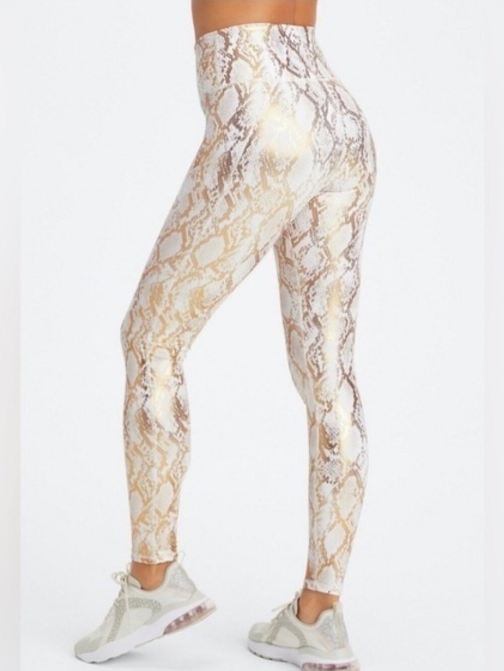 Fabletics Metallic Foil Gold Snakeskin Print White Athletic Leggings Size Medium